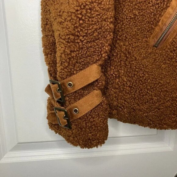 Anthropologie Marrakech Fuzzy Teddy Tan Brown Aviator Moto Style Jacket XS - Picture 4 of 9